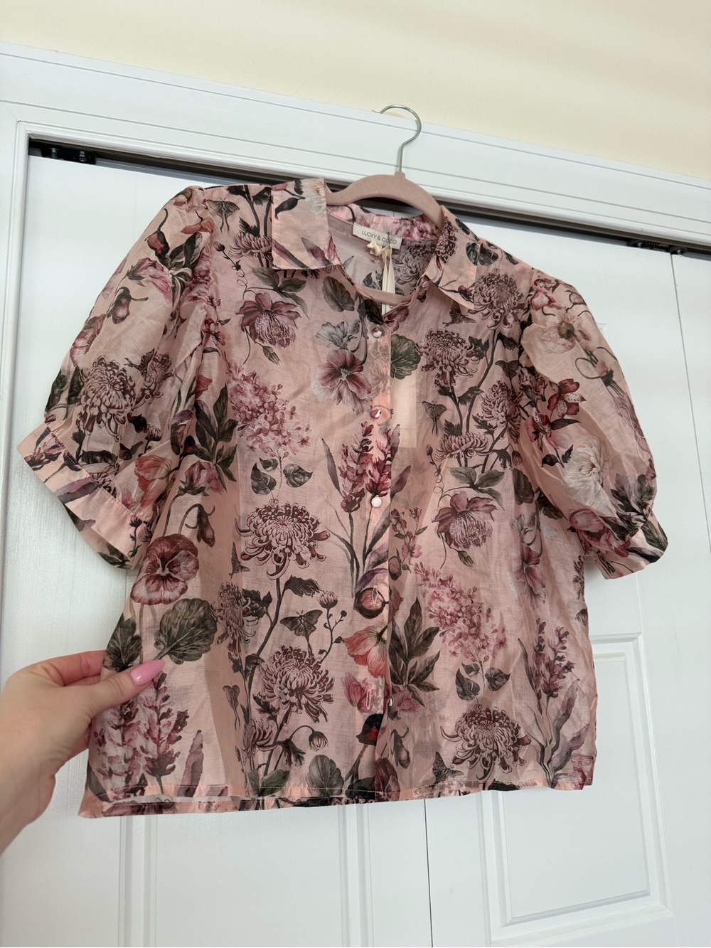 Floral Puff-Sleeve Button Front Blouse in Blush Pink